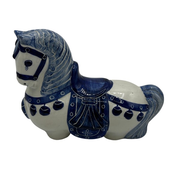 Nora Fenton Vtg Ceramic Horse Figurine Hand Painted White Blue Statue 6" Tall - Picture 1 of 9
